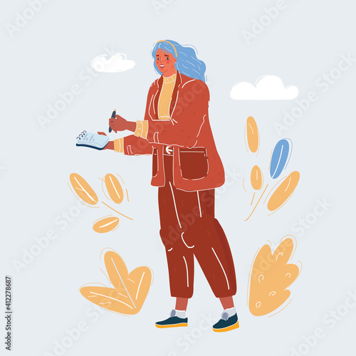 Vector illustration of The woman is writing in notepad.