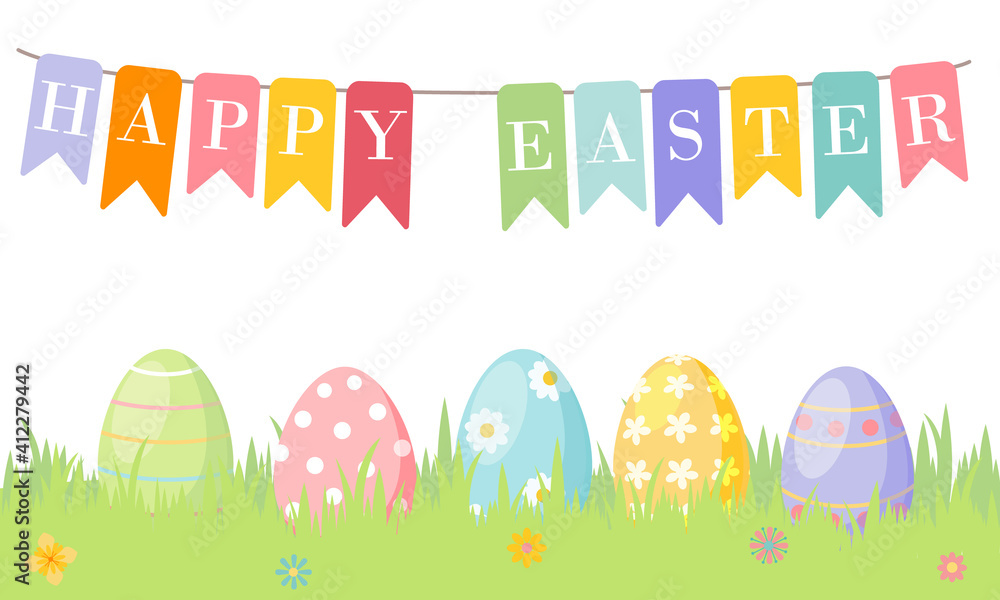 Colorful Easter eggs on green grass, garland of colorful flags with inscription Happy Easter, isolated on white background. Greeting card in cartoon style for Easter holiday. Vector illustration