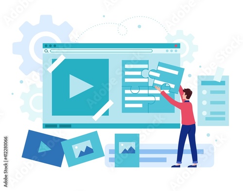 Digital content creation and management concept. Man adding information on website. Internet publication, publishing data online. Flat cartoon vector illustration