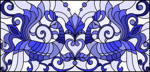 Illustration in stained glass style with a pair of abstract roosters , flowers and patterns on a light background , horizontal image, tone blue