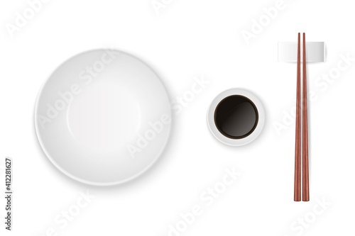 Vector 3d Realistic Bowl, Plate, Soy Sauce, Wooden Chopsticks Set Closeup Isolated. Design Template of Food Sticks, Asian Bamboo Utensils, Traditional Japanese Culture Dinnerware, Mockup. Top View
