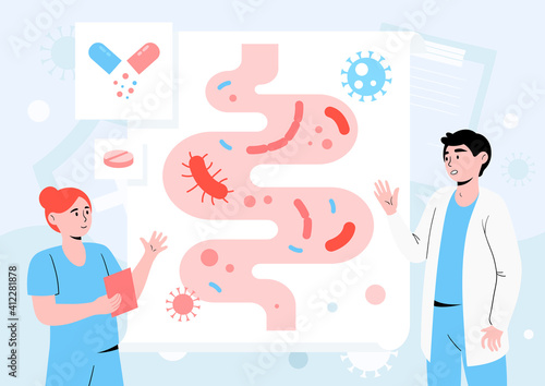 Gastrointestinal flora and microorganisms inhabiting it. Poster or Banner. Abstract concept of digestive stomach living organisms. Flat cartoon vector illustration