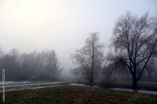 One mystical and misty Swedish weather outside. Landscape photo with nature and trees hiding in the fog. Järfälla, Stockholm, Sweden, Europe. 
