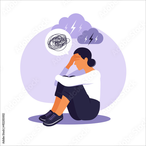 Woman in depression with bewildered thoughts in her mind. Young sad girl sitting in window and hugging her knees. Flat style
