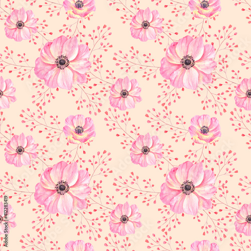 seamless pattern with watercolor anemones