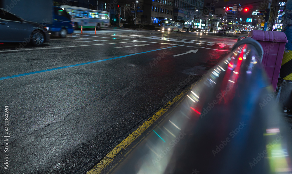 Night city photo with road marking arrows Night city photo with road marking arrows