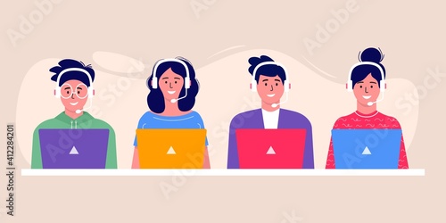 Call center operator avatar icon. Smiling office workers with headsets cartoon characters. Clients assistance, hotline operator, consultant manager, customer support, telephone assistance, solution.