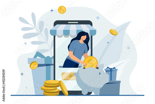 Cashback for purchase design concept.Cash flow.Piggy bank with coins.Online payment.Happy customer getting cash rewards from online shopping. Family budget planning.Save money.Bonus, loyalty program.