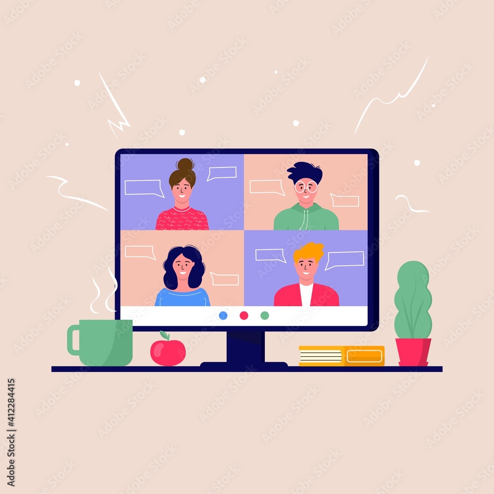 Concept of videoconference and online meeting workspace. Design template with business people taking, education, report, flyer, marketing, leaflet, advertising, brochure, modern style vector