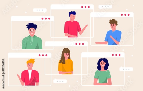 Concept of videoconference and online meeting workspace. Design template with business people taking, freelance, report, flyer, marketing, leaflet, advertising, brochure, modern style vector
