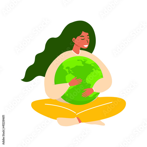 Flat vector illustration of a woman embracing the planet Earth. World Earth Day. The concept of conservation, protection and reasonable consumption of natural resources.