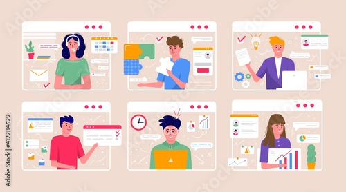 Concept of videoconference and online meeting workspace. Design template with business people taking with colleague for report, flyer, marketing, leaflet, advertising, brochure, modern style vector