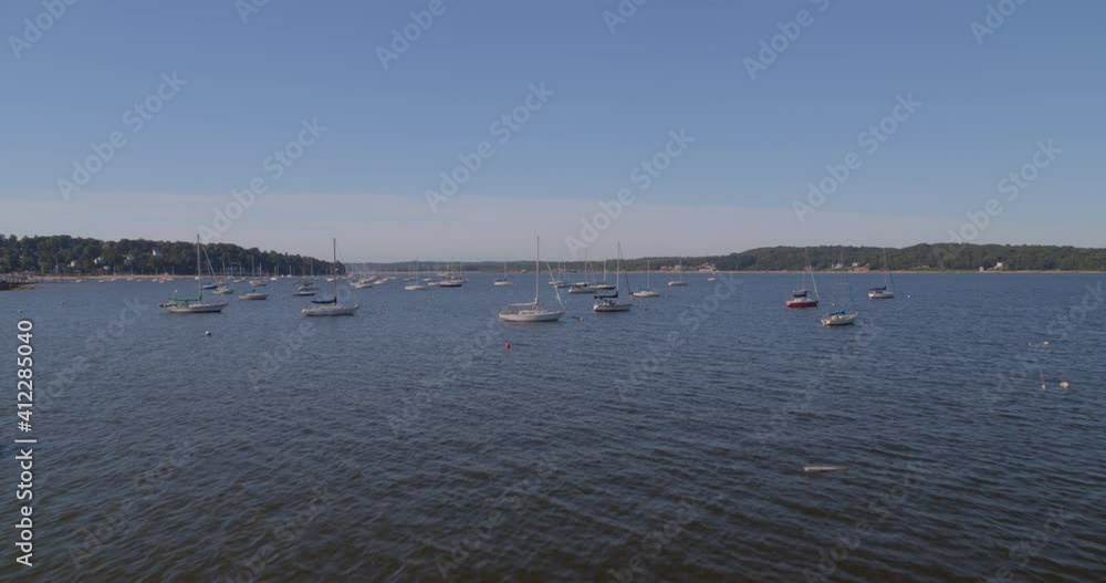 Flying Over Anchored Boats in Hempstead Harbor in Glen Cove Long Island Flying Over Anchored Boats in Hempstead Harbor in Glen Cove Long Island