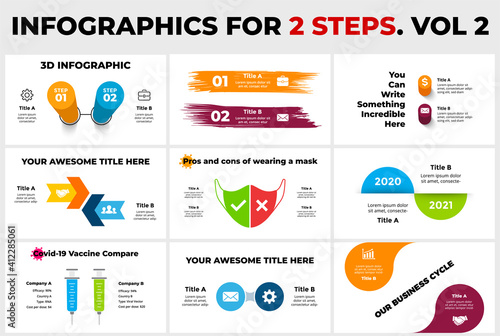 Infographics Pack for 2 options. Presentation templates. Covid-19 vaccine compare with two syringes. Medical face mask. 3D elements, arrows and brush strokes. 