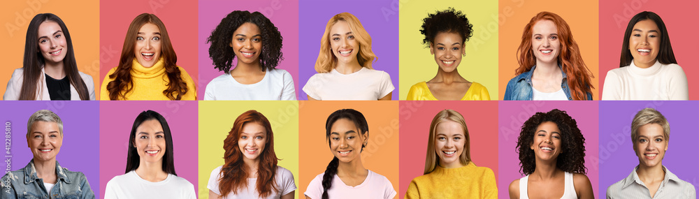 Joyful attractive multiracial women smiling at camera, set Joyful attractive multiracial women smiling at camera, set