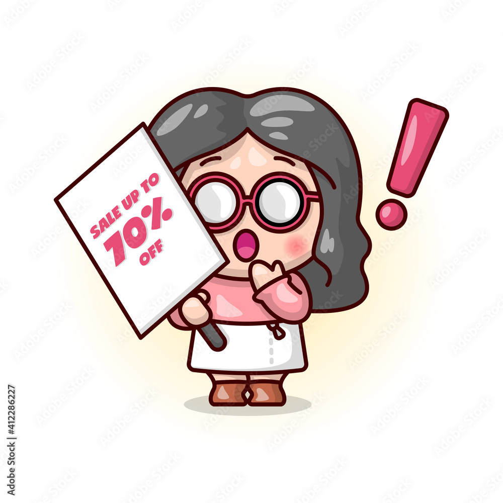 Fototapeta premium CUTE BLACK HAIR WEARING GLASSES BRINGS A DISCOUNT BANNER.