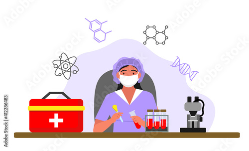 Medical tests template. chemical laboratory analysis - modern flat vector concept digital illustration of laboratory analysis. woman laboratory assistance with microscope, medical office or laboratory