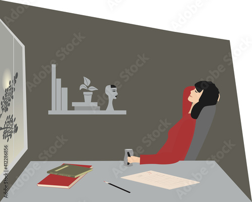 Woman resting to night. Teacher or student sitting on the chair with closed eyes. Girl holding cup of drink. Moon shines through window. On wall shelf with books, plant and statuary. Side view vector 