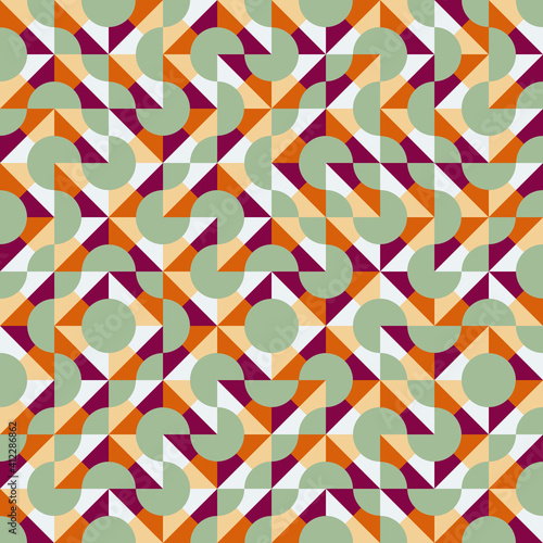 Vector truchet geometric seamless pattern background. Retro multicolor backdrop with random tiled triangular, rhombus and circle shapes. Layered blend effect. Midcentury repeat for print and home