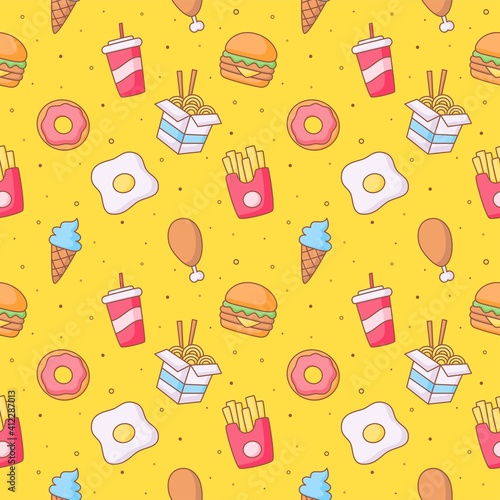 seamless pattern cute funny fast food kawaii style icons isolated on yellow background. illustration vector.
