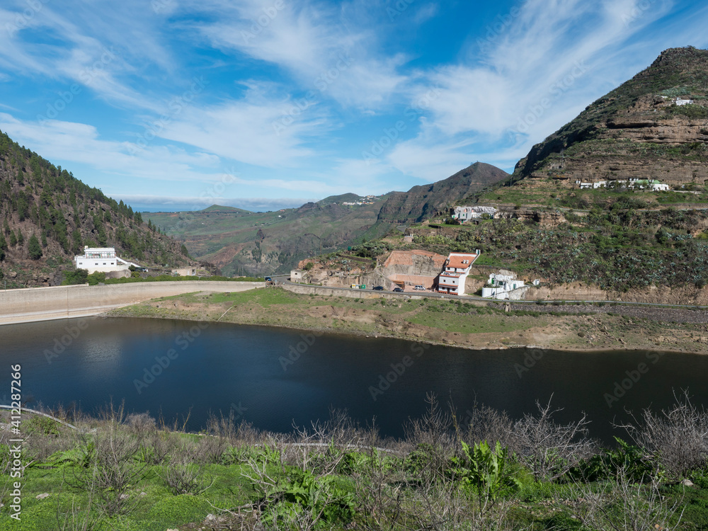 View of sweet water dam Presa de Los Perez lake in Tamadaba nature park. Gran Canaria, Canary Islands, Spain