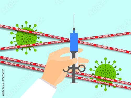 Hand holds a syringe with a coronavirus vaccine. Vaccination against covid-19. Middle east respiratory syndrome. Vector illustration