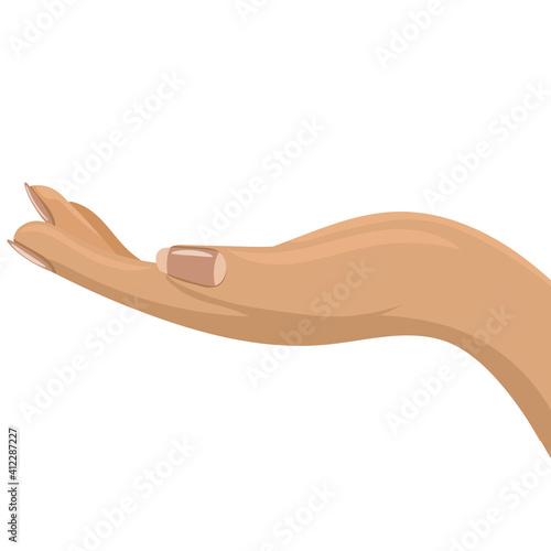 Female or Woman hand opened and side view. Flat and solid color vector illustration.