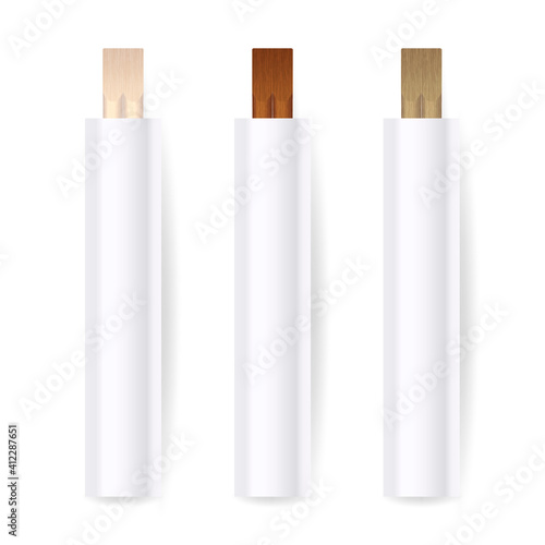Vector 3d Realistic Wooden Chopsticks, White Blank Package Set Closeup Isolated on White Background. Design Template of Food Sticks, Traditional Asian Dinnerware, Mockup. Top View