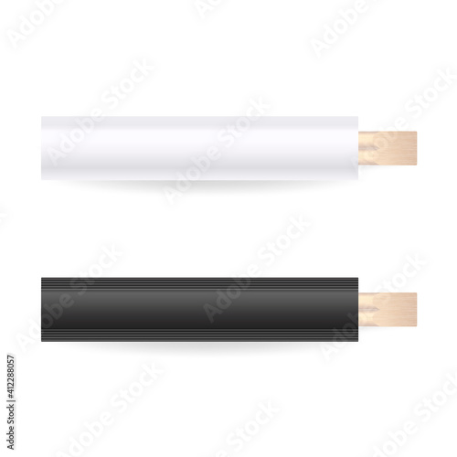 Two Vector 3d Realistic Packaging of Wooden Chopsticks. White and Black Blank Package Set Closeup Isolated on White Background. Design Template of Asian Food Sticks, Mockup. Top View