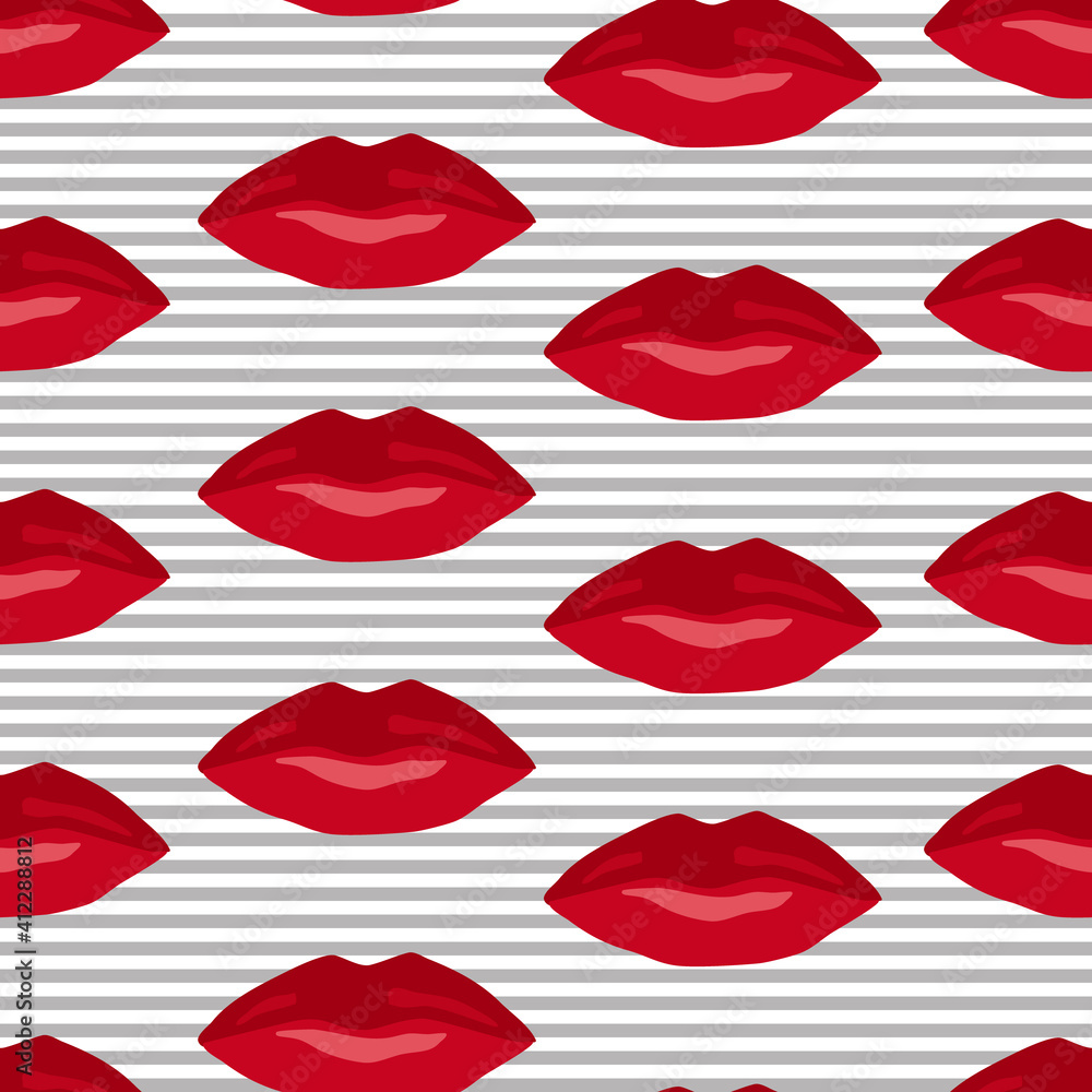 Fototapeta premium Red Lips Seamless Pattern on a gray striped background White background isolated Vector Illustration.