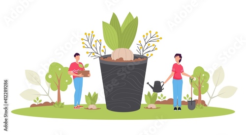 Spring Reforestation concept. Forest restoration, reforestation planting trees, environment day.
