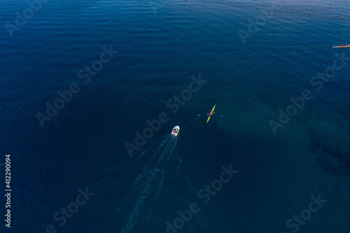 Aerial drone shot of boat kayak in Adriatic sea at Zadar peninsula in Croatia © Davidzfr