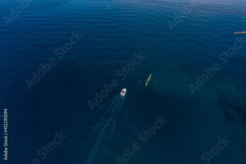 Aerial drone shot of boat kayak in Adriatic sea at Zadar peninsula in Croatia