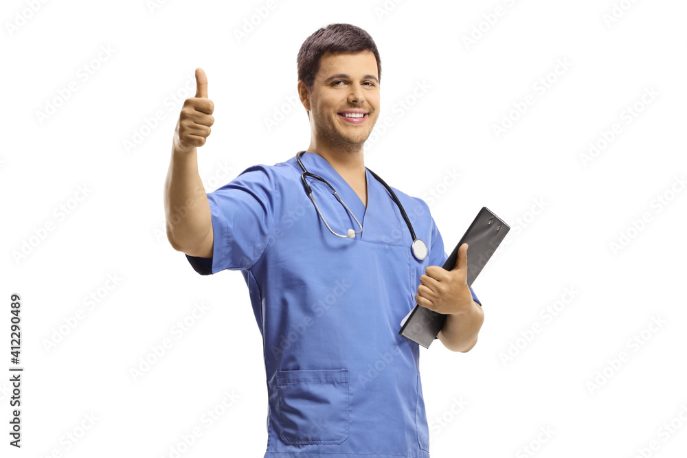 Health care worker holding a clipboard and showing thumbs up Health care worker holding a clipboard and showing thumbs up