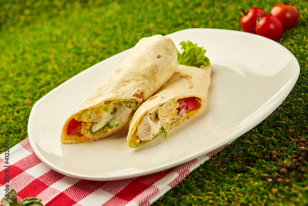 Burrito wraps with chicken and vegetables on a plate with green grass background, Mexican shawarma
