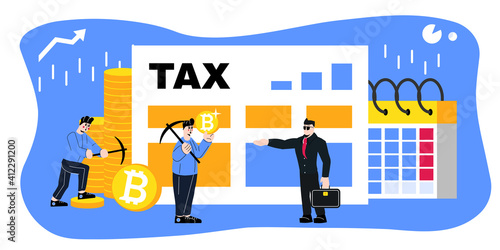 Cryptocurrency taxation concept. Tax Agent Collecting Debt from a Person. Bitcoin Vector illustration. Funny Cartoon style Characters.	