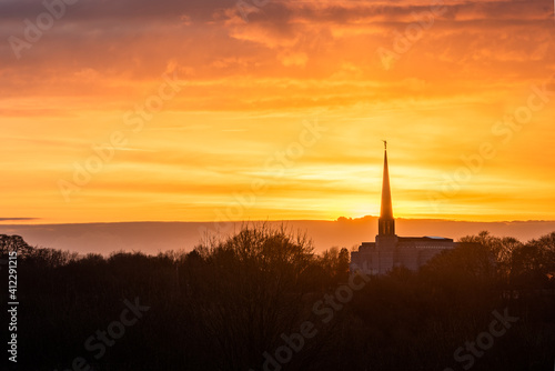 Preston England Temple, as seen from Great Knowley, near Chorley at sunset.  photo
