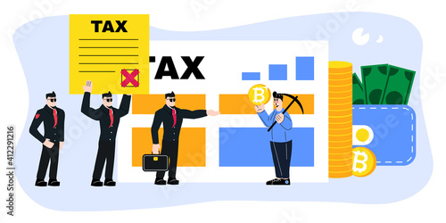 Cryptocurrency taxation concept. Tax Agent Collecting Debt from a Person. Bitcoin Vector illustration. Funny Cartoon style Characters.	