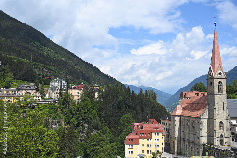 church and old buildings Bad Gastein cityscape Austria