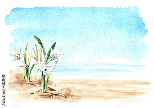 Pancratium maritimum, sea daffodils or Lily of Sharon plant on the sand on the background of the sea with copy space. Hand drawn watercolor illustration, isolated on white background