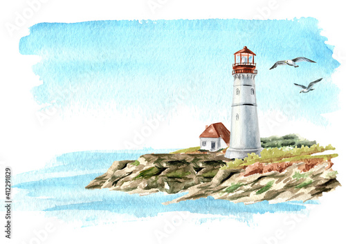 Seascape with rocks and an old lighthouse, Hand drawn watercolor illustration, isolated on white background
