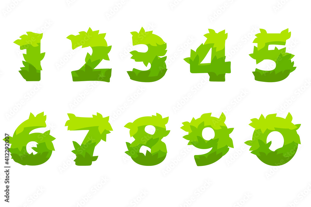 Vector set of cartoon numbers from green grass.