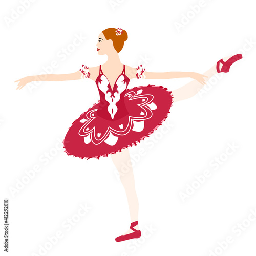 Ballerina in red tutu lacedress, pointe shoes, dancing and posing, vector ballet