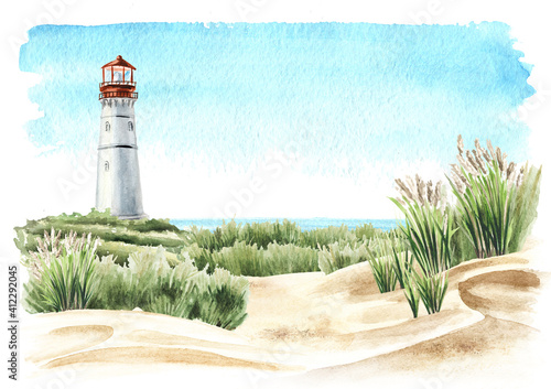 Seaside with sand dunes and old lighthouse, Hand drawn watercolor illustration, isolated on white background