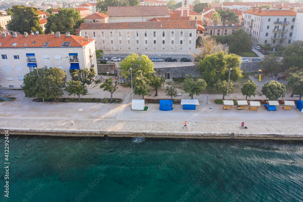 Aerial drone shot of coastline of Zadar Peninsula in sunrise hour in Croatia Dalmatia