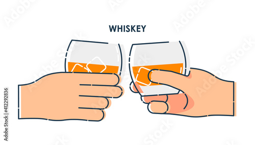 Two human hand holding a glass of whiskey with ice. Line art design element on white background. Fingers person with strong alcohol. Concept of time to drink alcohol. Modern graphic style illustration