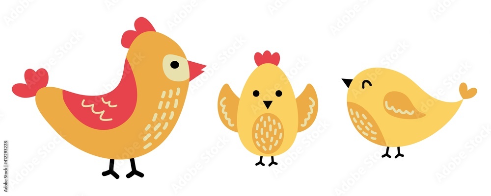 Hen with chickens on  white isolated background. Hand drawn flat cartoon elements. Vector illustration.