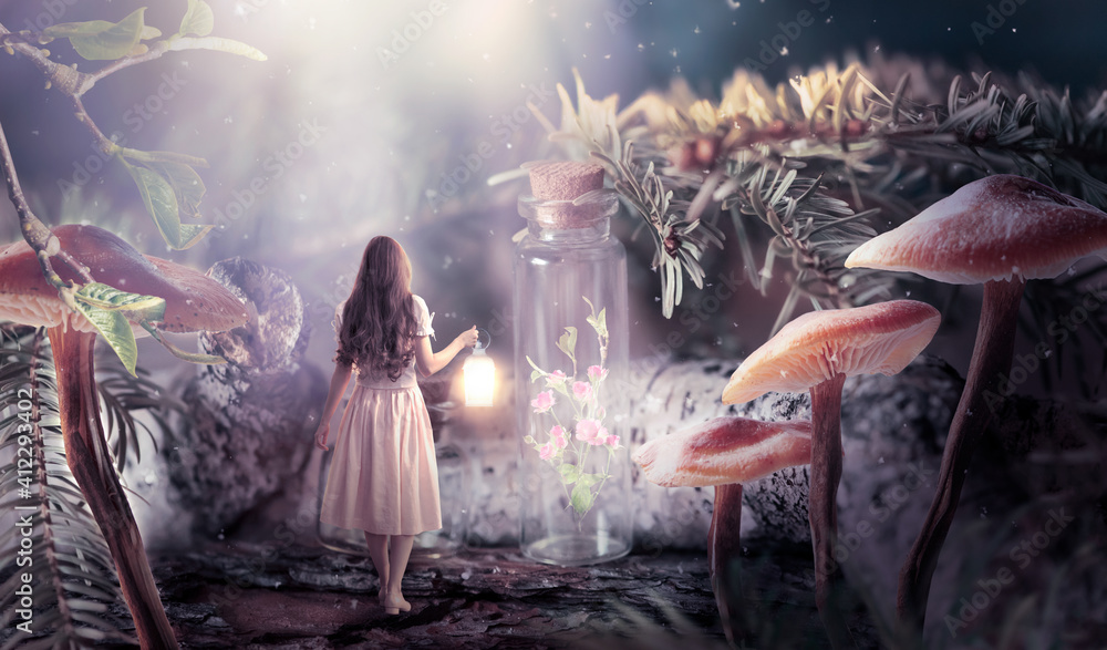 Naklejka premium Girl in dress with shining lantern in hand walking in fantasy fairy tale elf forest, ghost blooming rose flower locked in bottle and moon rays, mysterious fir tree and mushrooms in magical elvish wood