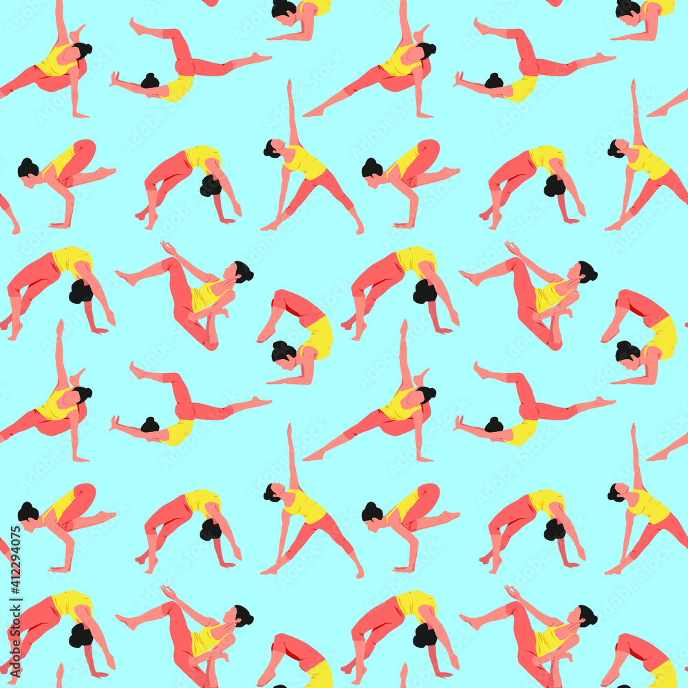 Vector seamless pattern of yoga asanas on a blue background. Design for wrapping paper, fabric, textile. Vector seamless pattern of yoga asanas on a blue background. Design for wrapping paper, fabric, textile.