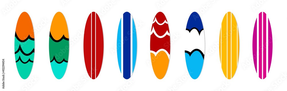 Surfboard collection on white background. Isolated vector illustrations. Summer design element. Flat style. Surfboard collection on white background. Isolated vector illustrations. Summer design element. Flat style.